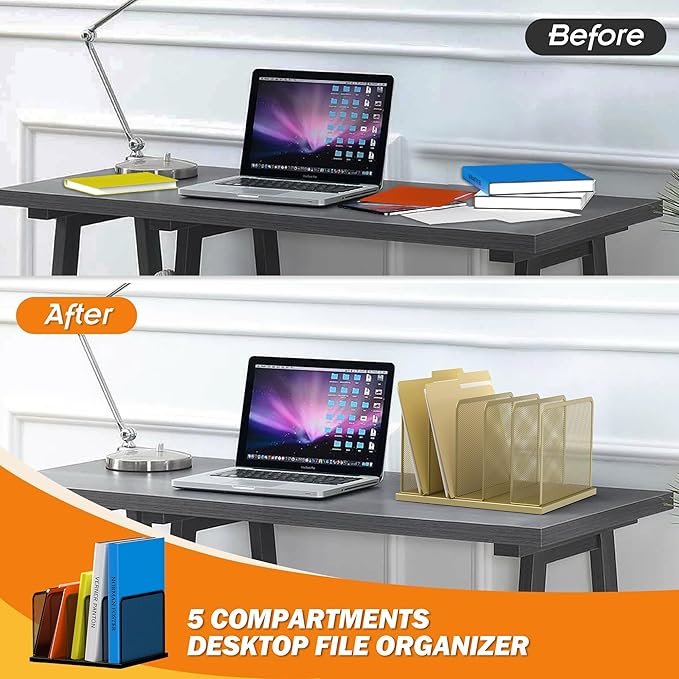 Kuntine.B Desk File Organizer Upright Mesh Desktop Organizer File Sorter Office Organization File Holder for Home Office &amp Classroom (Gold 1 Pack 5-Section)