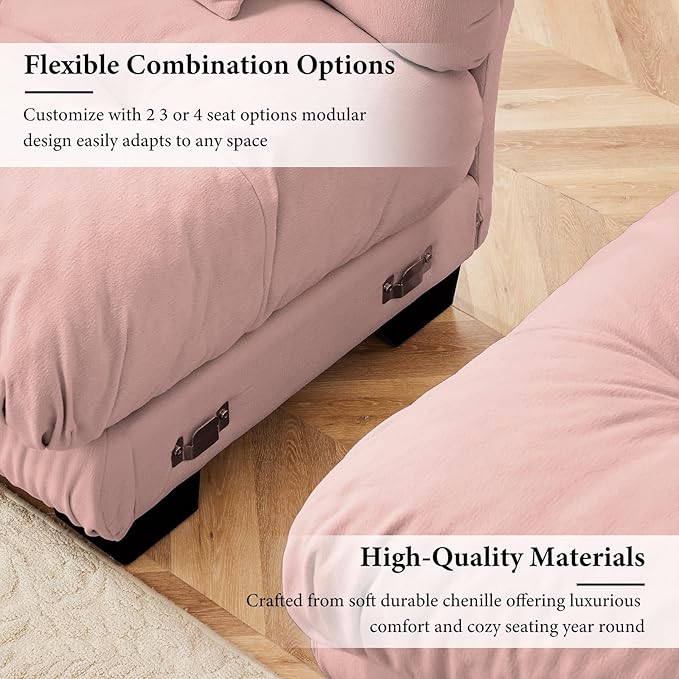 94.4 Loveseat Sofa 2 Seater Modular Sectional Sofa Pink Large U Shaped Sectional Couches Fluffy Chenille Cloud Couch with Ottoman Deep Seat for Living Room