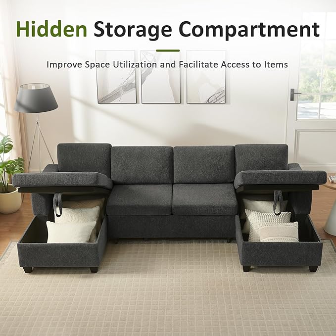 VANOMi 113 U Shaped Modular Sofa with Pull Out Bed &amp Storage Modern Sectional Sleeper Sofa with Chaise Chenille Sectional Couches for Living Room Small Space Apartment Dark Grey | Pull Out B