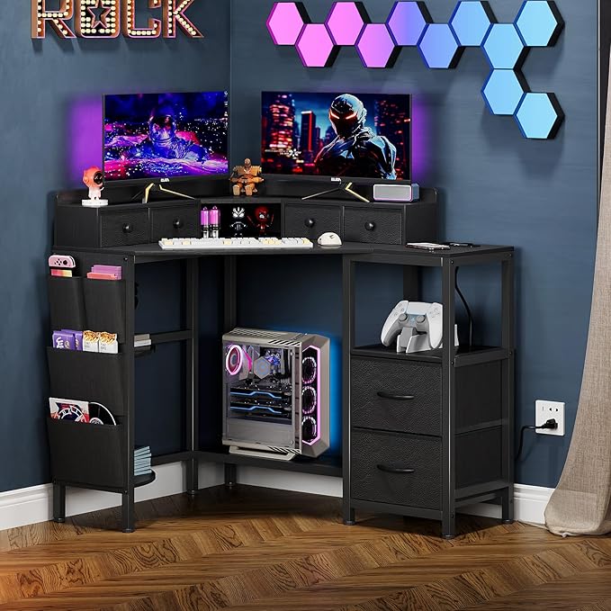 Corner Desk with 6 Drawers Shelves for Small Space Computer Desk with Power OutletsGaming Desk with Printer Monitor Stand Storage for Home Office Workstation Writing Table (Black 31.5)