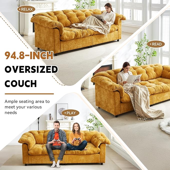 3-Seater Couch 94.8 inch Oversized Modern Comfy Tufted Chenille Fabric Cloud Fluffy Foam Deep Seat Soft Loveseat Sofa Couch for Living Room Bedroom Office Yellow