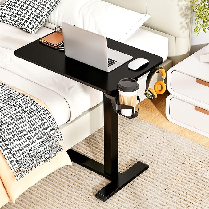 Tangkula Mobile Standing Desk Pneumatic Height Adjustable Rolling Desk with Cup Holder &amp Headphone Hook Overbed Table with Hidden Wheels Laptop Computer Cart for Couch Home Office (Black)