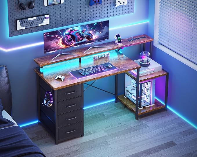 ODK 55 Inch Computer Desk with 4 Fabric Drawers &amp Power Outlets Home Office Desk with Monitor Stand &amp Shelves Brown