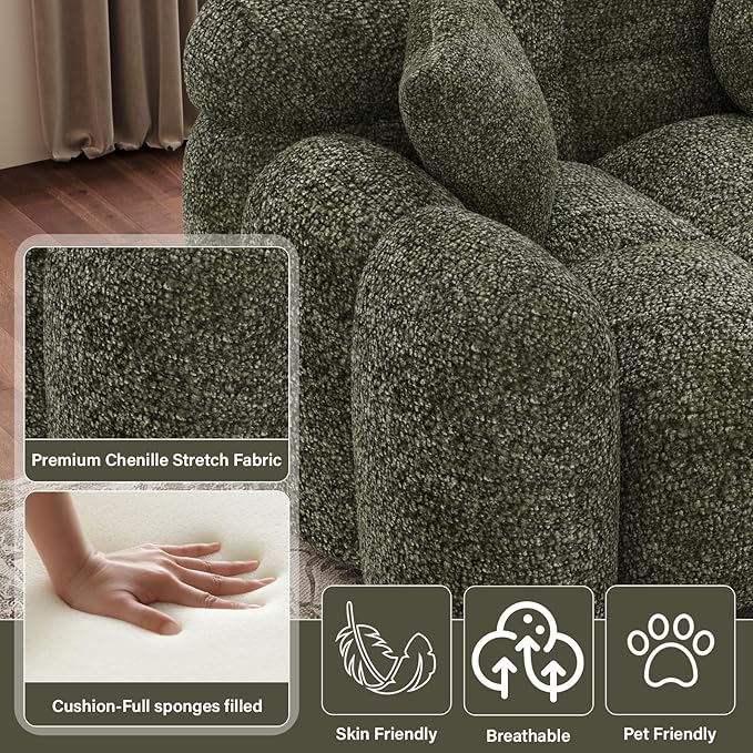 65 Chenille Cloud Sofa Couch Modern Deep Seat Loveseat Sofa Comfy Upholstered Couch with 3 Pillows Oversized Accent Armchair for Living Room Apartment Office Green