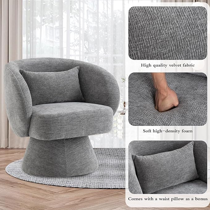 Swivel Accent Chair Sherpa Bucket Chair Velvet Upholstered Armchair 360° Swivel Bucket Shaped Armchair with Pillow and Round Back for Living Room Bedroom Nursery (Gray)