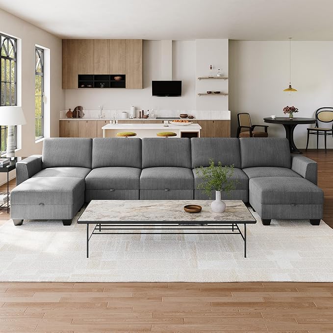 140 Large u Shaped Couch Oversized Modular Sectional Sofa with Storage Ottoman 7-Seater Comfy Combination Sofa Deep Seat Couches for Living Room Corduroy Grey