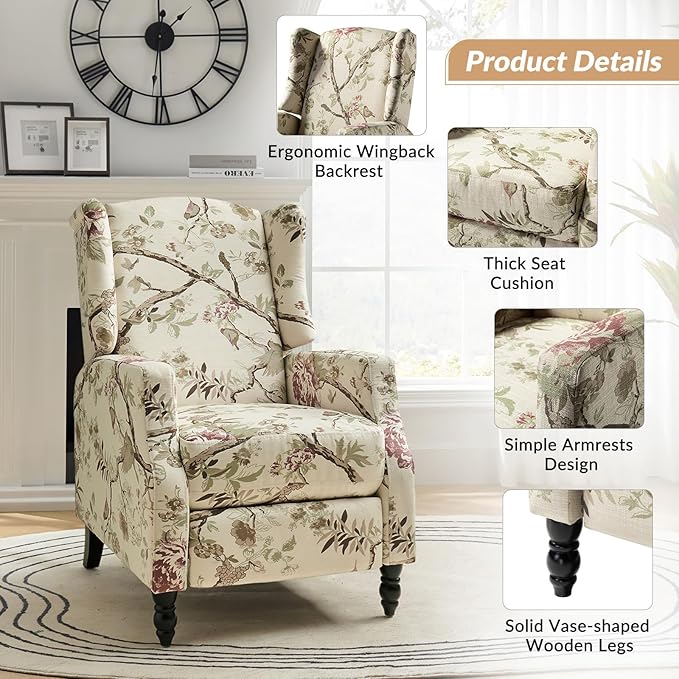 HULALA HOME Wingback Recliner Chair Traditional Push Back Recliner Single Sofa Chair with Solid Wood Legs Modern Lounge Armchair for Living Room Comfy Upholstered Accent Reclining Bird