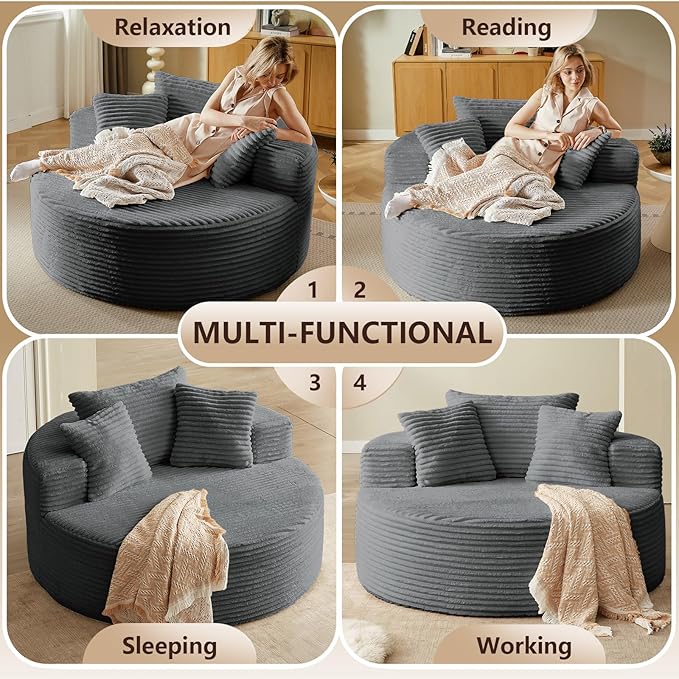 Oversized Round Chair Lounge Chaise Indoor Upholstered Corduroy Deep Seat Cloud Large Circle Sofa Chair No Assembly Required Fluffy Modern Sleeper Sofa Bed for Reading Living Room Bedroom Gray