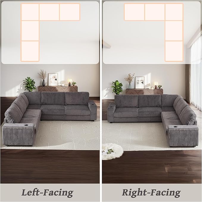 110 Oversized L-Shaped Sectional Sofa Plush Corduroy Deep Seat Couch Large V Shaped Corner Couch with Storage USB Charging Cup Holder Modern Upholstered Sectional for Living Room (Grey)