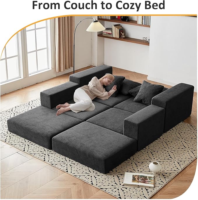 Modular Sectional Loveaeat Cloud Sofa Boneless Couch with Non Slip Base Cozy Sleeper Sofa for Customizable Living Spaces Modern Modular Couch with L-Shape Chaise Deep Seat &amp No Assembly Grey