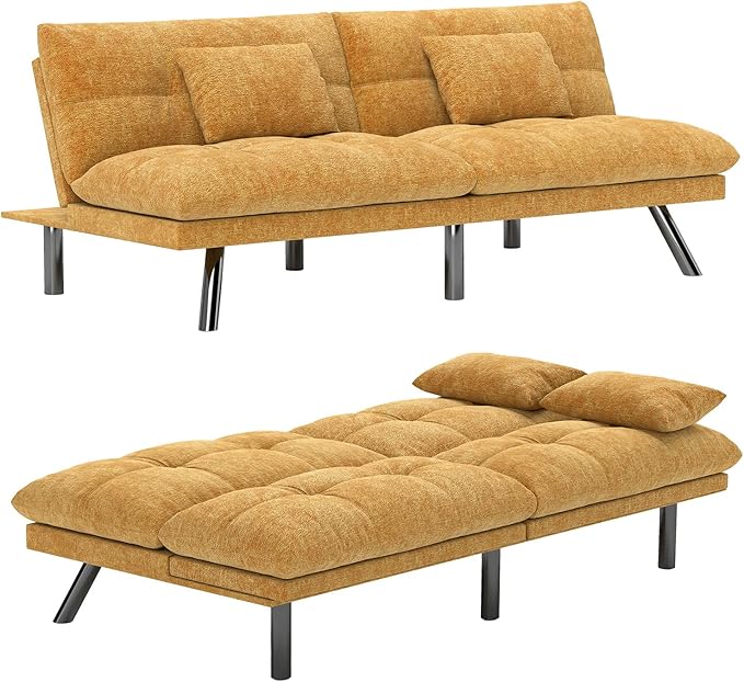 Futon Sofa Bed Convertible 70 inch Solid Wood Couch for Living Room Chenille Fabric 2 Cushions (Caramel Orange)
