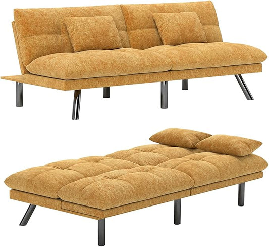 Futon Sofa Bed Convertible 70 inch Solid Wood Couch for Living Room Chenille Fabric 2 Cushions (Caramel Orange)