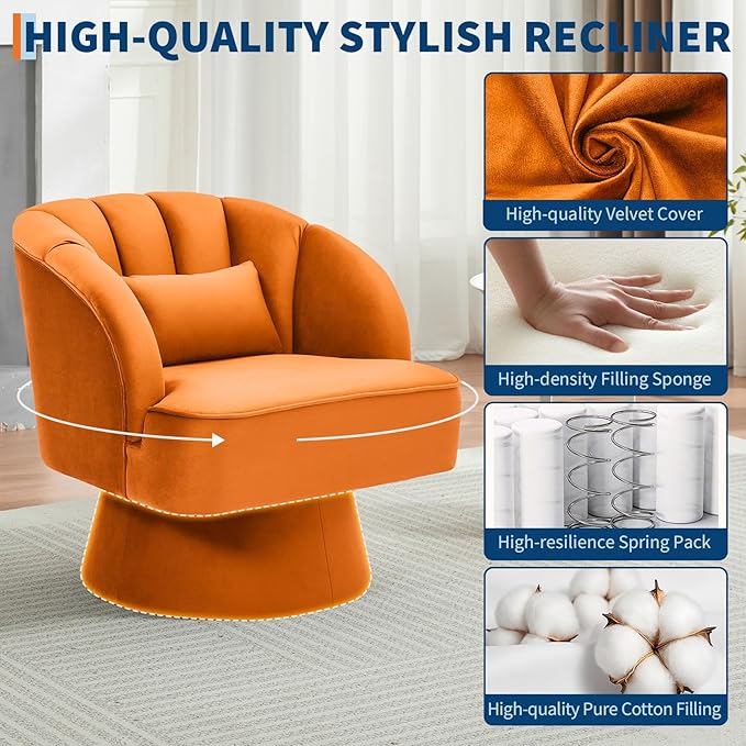 Mid Century Modern Swivel Barrel Chair - 360° Swivel Accent Chair with Plush Velvet Upholstery &amp Wide Cushioned Seat Round Lounge Sofa Chair for Living Room Bedroom Office (Orange 1 PCS)
