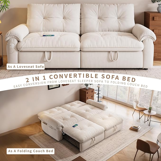 77 Pull Out Sofa Bed Velvet Convertible Sleeper Couch Loveseat Chaise Lounge with Side Pockets and USB Pullout Futon Sofa Bed for Living Room Bedroom Small Spaces RV (Beige)