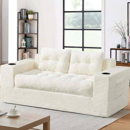 HOMREST 61 Bean Bag Chair for AdultsUpholstered Floor Sofa with Cup HolderLoveseat Boneless Couch for Small SpacesSofa in A Box Large Bean Bag Couch for Bedroom Living Room Beige