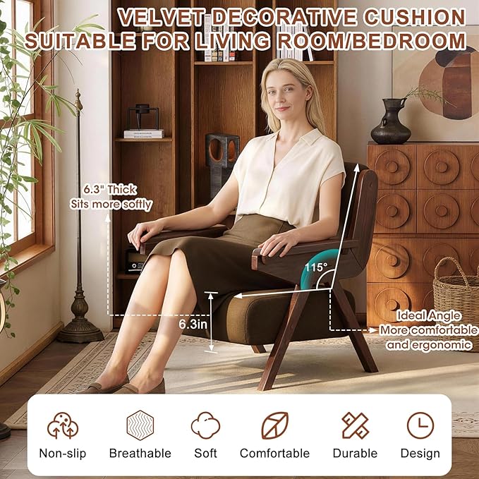Accent Chair Mid Century Modern Chair Velvet Upholstered Lounge Arm Chair with Solid Wood Cozy Reading Chair for Living Room Bedroom Balcony (Coffee Single Chair)