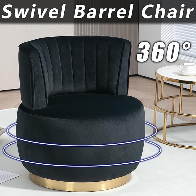 Small Barrel Chair Swivel Barrel Chair with Thicken Backrest Round Accent Chair for Living Room Bedroom Office Comfortable Velvet Fabric Soft High-Density Foam Padding (Black)