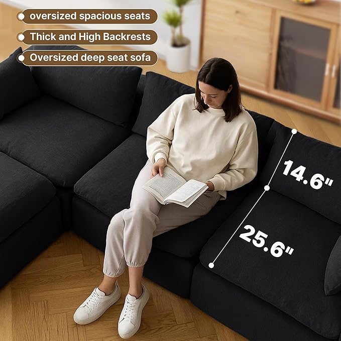 91.34 No Assembly Required Sectional Couch Modern 6-Piece Frameless Modular Sofa with Ottoman Deep Seat Cloud Couches for Living Room Oversized Chenille Comfy Sofa Black