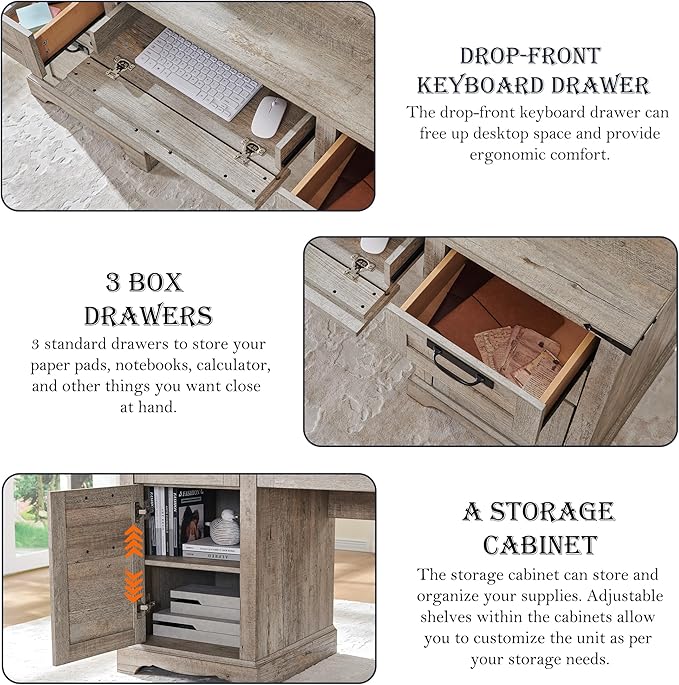 RedLemon 60 Farmhouse Executive Desk with Drawers Wood Home Office Desk w/Charging Station Keyboard Tray File Drawer Storage Cabinet Rustic Computer Writing Desk (Light Rustic Oak)