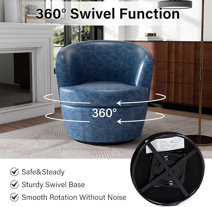 Swivel Barrel Chair Modern Round PU Leather Accent Armchair for Living Room Bedroom Comfy Club Reading Chairs for Adults (Leather Navy Blue Set of 2)
