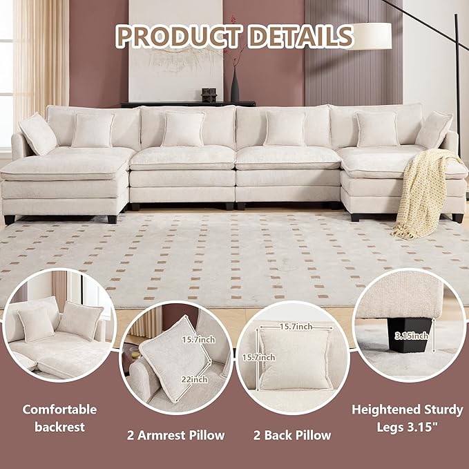 Cloud Modular Sectional Sofa U-Shaped Deep Seat Oversized Couch for Large Living Room Pet-Friendly Chenille Fabric Sofa Set with Ottoman for Family Movie Nights