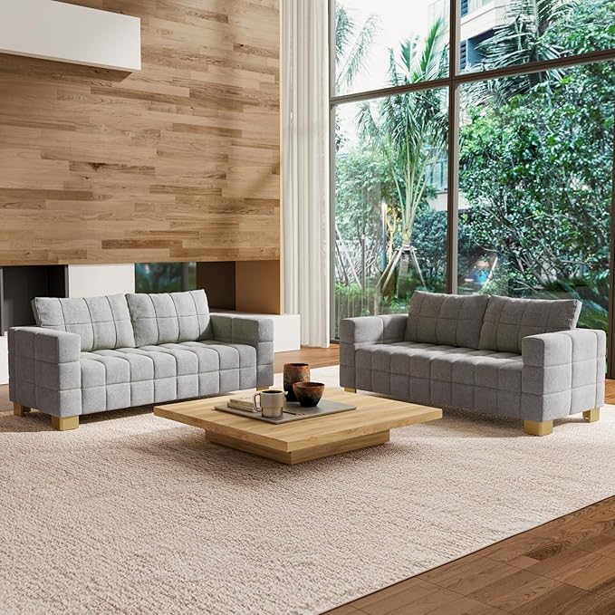 81.89 Sofa Comfy 3 Seat Sofa Tufted Chenille Upholstered Sofa Couch for Living Room with Gold Metal Legs and 2 Throw Pillows (Grey（3+3）)