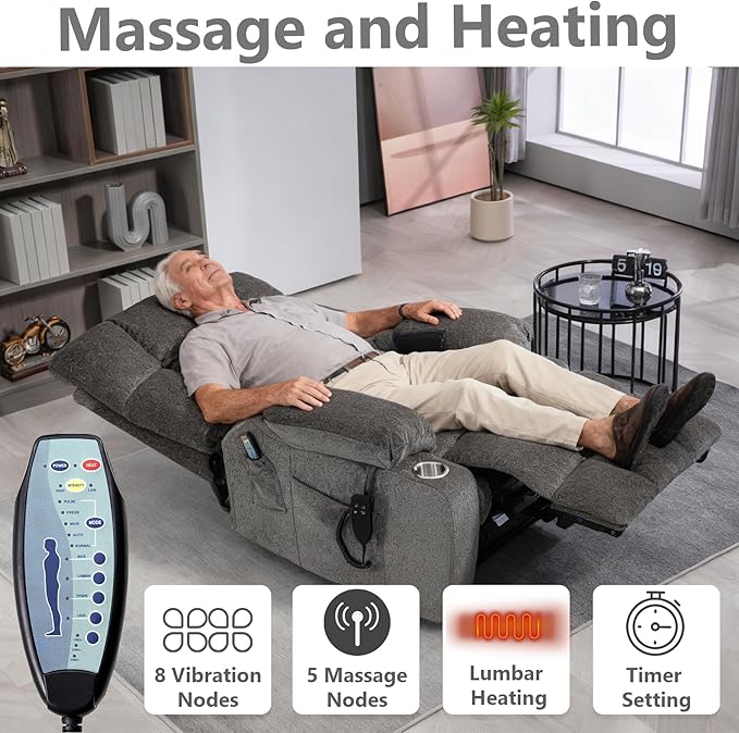 Oversized Power Lift Recliner Chair for Adult Elderly Dual Motor Lay Flat Electric Recliner with Massage &amp Heat 25.5 Wide Seat Big Tall Recliners for Living Room Bedroom Grey