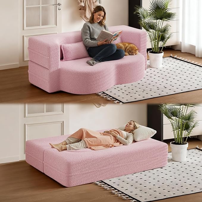 Folding Foam Sofa Bed15 Full Size Floor CouchConvertible Teddy Fabric Foam-Filled Sleeper Futon Loveseat Couch for Living Room Guest Use Office Apartmen (Pink)