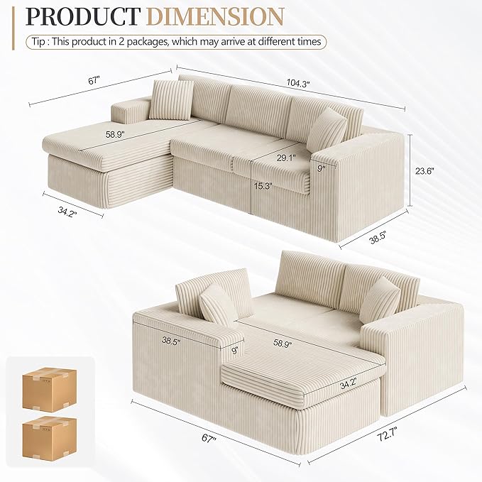 Vongrasig 105 Boneless Couches for Living Room Sectional Couches Modular Sofa with L-Shaped Chaise Memory Foam Comfy Cloud Couch with Plush Corduroy Fabric No Assembly Required Beige