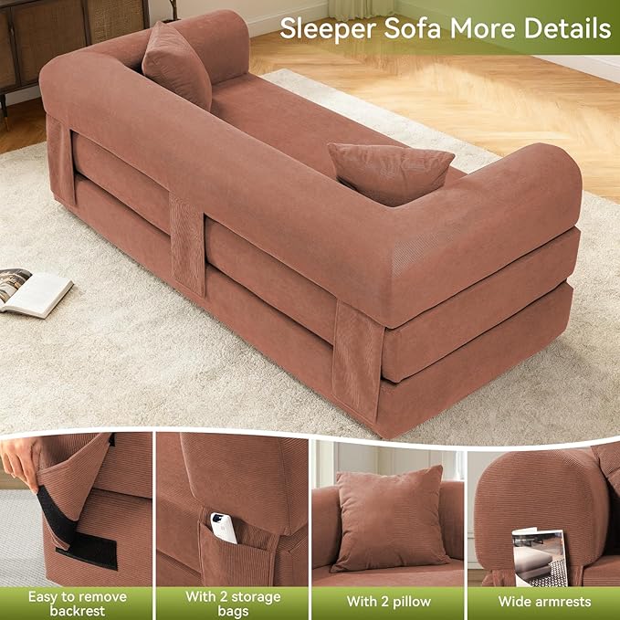 Convertible Futon Sofa Bed80 Folding Pull Out Couch Bed with StorageQueen Sleeper Sofa BedCompressed Couch in a BoxCorduroy Boneless Couches for Living RoomPink