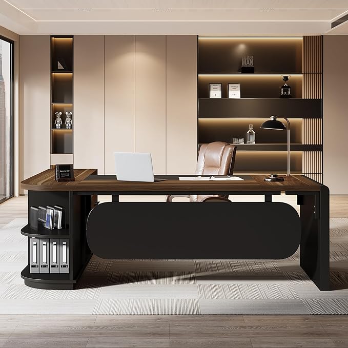 Tribesigns 81-Inch L-Shaped Office Desk Large Commercial Office Desk with Drawers and File Cabinet Modern Professional Business Furniture Workstations with Storage Shelves Brown &amp Black