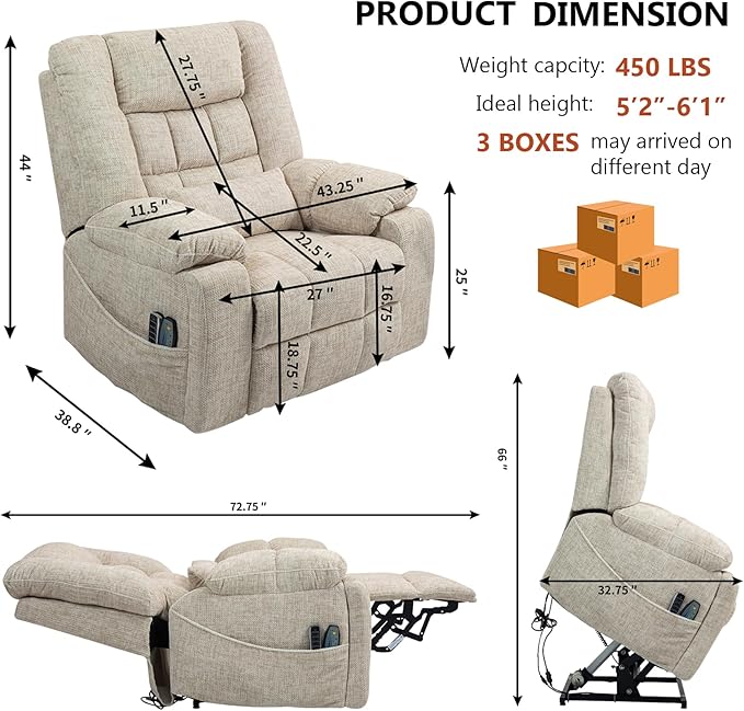 4 Motor Power Lift Recliner Chair for Elderly Oversized Lay Flat Recliner with Massage Heat Adjustable Headrest Hidden Cup Holders Zero Gravity Big and Tall Recliners Cream