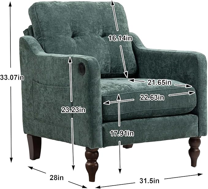 Small Accent Chair Comfy Reading Chairs for Adults with Side Storage Ergonomic Armchair with Wide Backrest Room Chairs with USB Charging Port Living Room Apartment Bedroom (Dark Green)