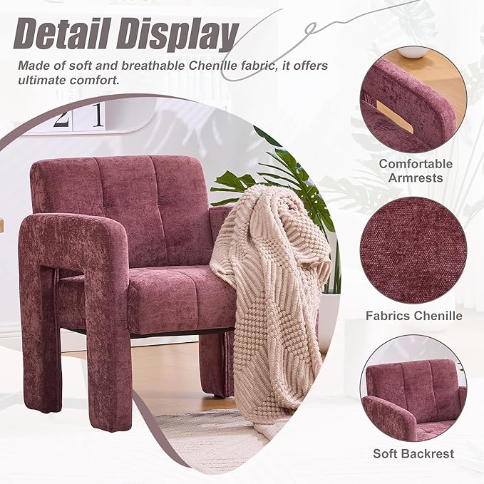 Neftis 26 W x 27 L Accent Chair for Living Room Wine Red Modern Minimalist Armchair with Chenille Fabric High-Density Foam Wide Comfy Leisure Armchair for Bedroom/Office/Apartment