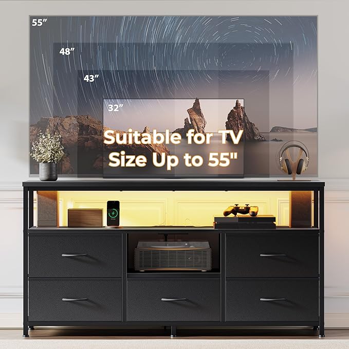 TV Stand for 55 Inch TV Entertainment Center with LED Lights &amp Power Outlets 5 Drawers Dresser for Bedroom with Open Storage Shelves Console Table for Living Room Bedroom Hallway