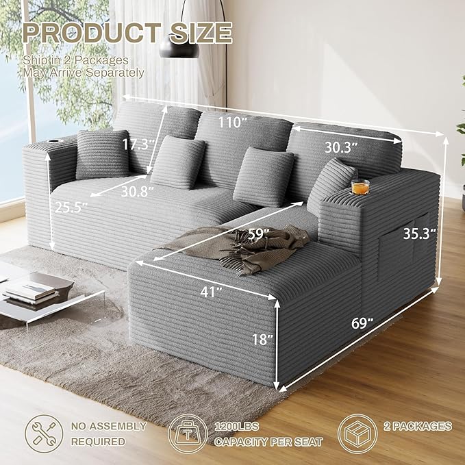 110 Modular Sectional Sofa Cloud Couch Modern Deep Seat Fluffy Corduroy Boneless Couch with Cup Holder Comfy L Shaped Sectional Couches for Living Room Bedroom. (Right Facing Grey)