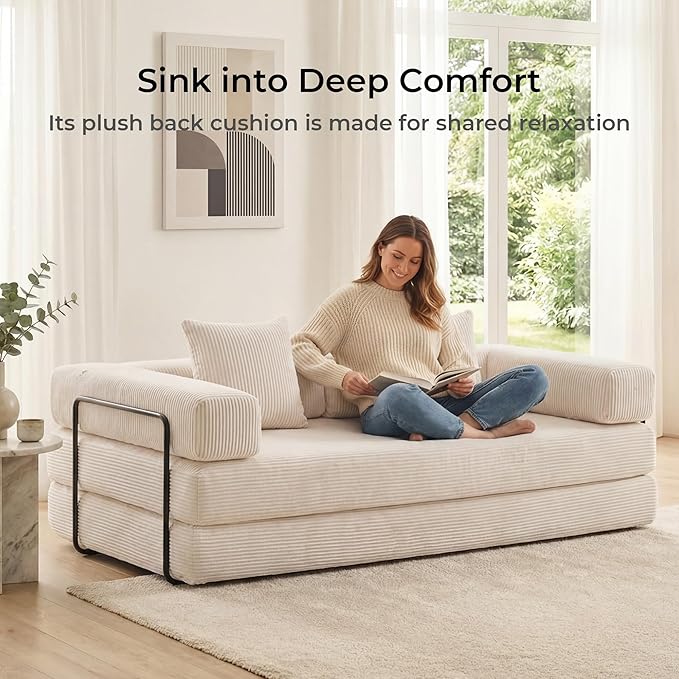 WELAX 77 Convertible Sleeper Sofa Bed Boneless Cloud Queen Futon Couches with 2 Pillows &amp Removable Armrests Corduroy Folding Floor Couch No Assembly for Bedroom Living Room Beige