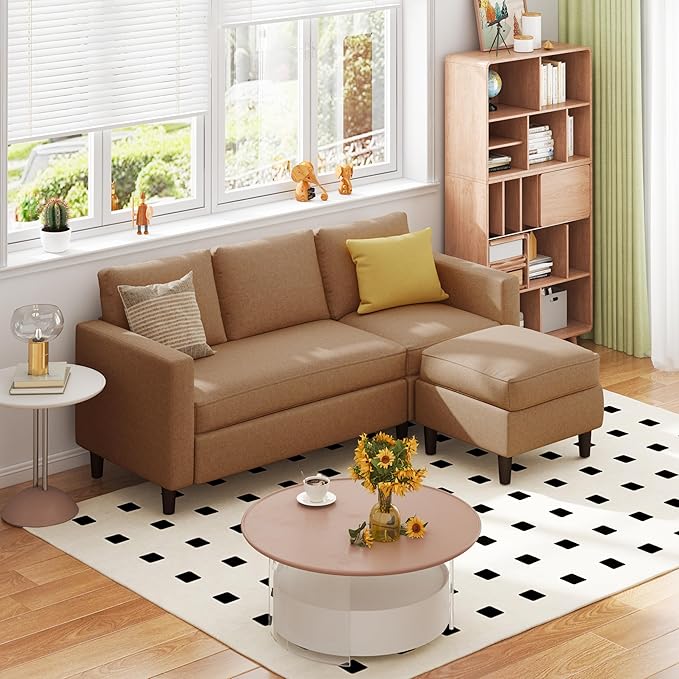SUNLEI 73.6 Modular Sectional Sofa Comfy Cloud Couch with Movable Ottoman Deep Seat L Shaped Modular Sofa Sectional Couches for Living Room and Apartment Brown