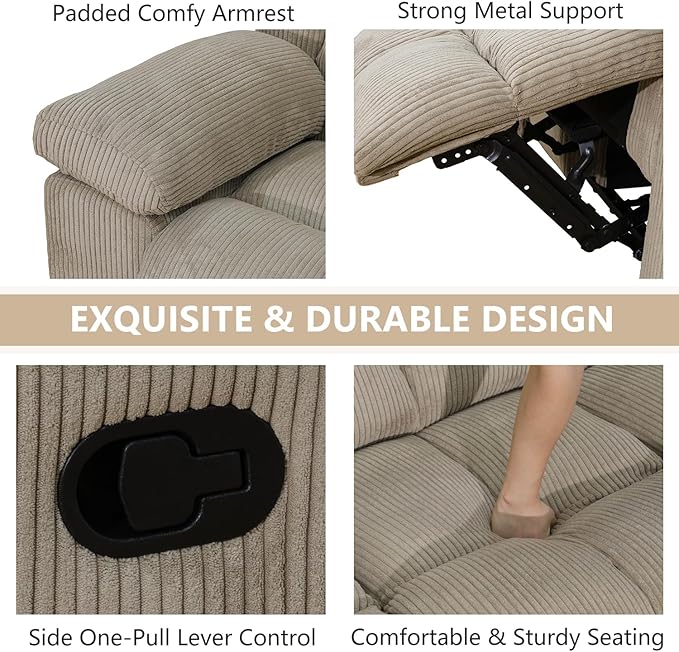 Manual Recliner Sofa Set Living Room Furniture Sets Corduroy Reclining Couches Comfy Reclining Chair Sofa with Coffee Table 2PCS Fabric Recliner Furniture for Home/Office (Beige 3+1 Seat)