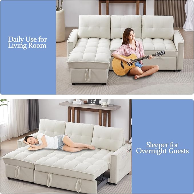 Reversible Sectional Sleeper Sofa - Pull Out Sofa Bed Couch with USB and Tape-c Charging Ports L-Shape Sleeper Sectional Couch for Living Room Office and Small Apartment (Beige)