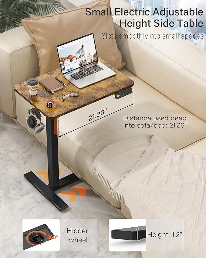 FiCiHi Electric Standing Desk with Wheels – Adjustable Height Mobile Sit-Stand Laptop Table Portable Rolling Small Computer Workstation for Home Office &amp Bedside Use (28x16 Rustic Brown)