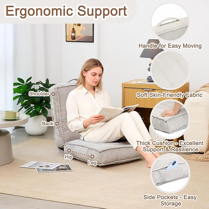 Adjustable Floor Chair with Back Support 6-Position Folding Meditation Chair Floor Sofa Chairs for Adults Comfy Accent Chairs for Reading Gaming Living Room Bedroom Light Grey