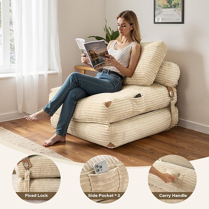 75''Foldable Sofa BedBeige Convertible Folding Sleeper Chair BedFoldable Single Sofa Foam Filling Couch with Pillow Comfy Corduroy Lazy Floor Sofa for Small Room Living Room Bedroom Apartment