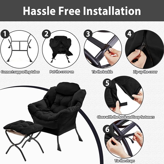 Lazy Chair with Folding Ottoman Accent Chair Velvet Upholstered with Metal Structure and Non-Slip Pads Sofa Armchair with Footrest and Side Storage Bag for Dorm Room Office Black