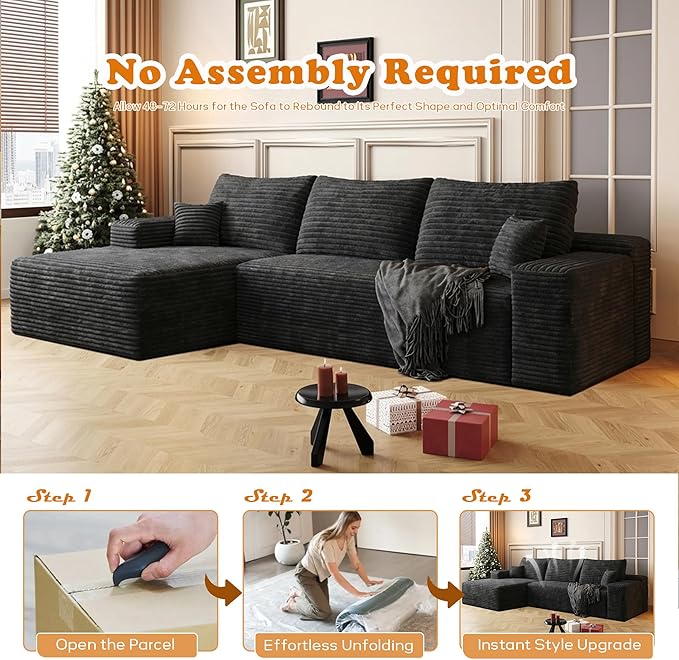 107 L-Shaped Modern Modular Sectional Sofa Oversized Corduroy Boneless Couches with Deep Seat Comfy Upholstered Cloud Couch for Living Room (Black 3S+Left Facing Chaise)