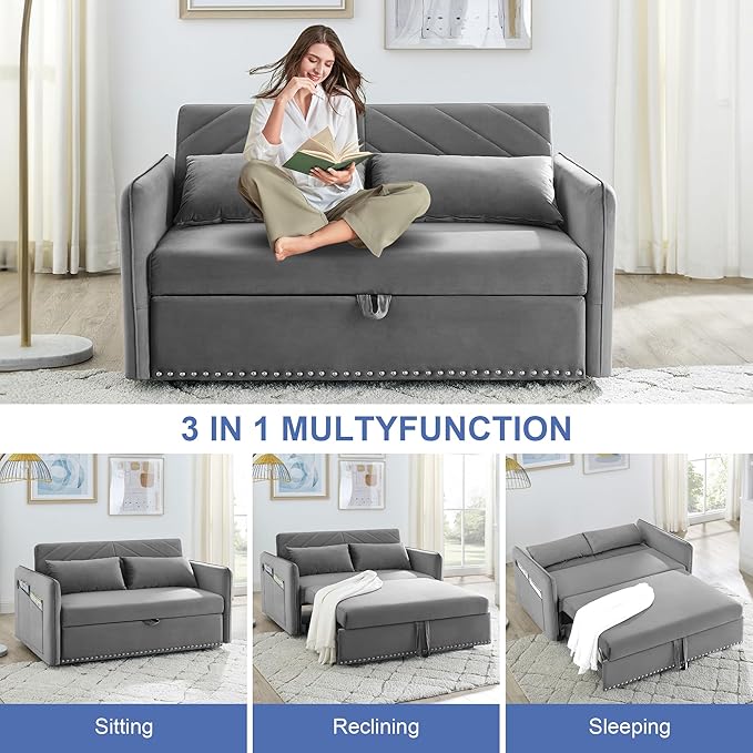 Pull Out Couch with USB Port Loveseat Sleeper Sofa Bed Nailhead Trim Design with 2 Pillows &amp Side Storage Pockets 3 in 1 Velvet Sofa Adjustable Backrest Resilient Sponge Cushions Grey