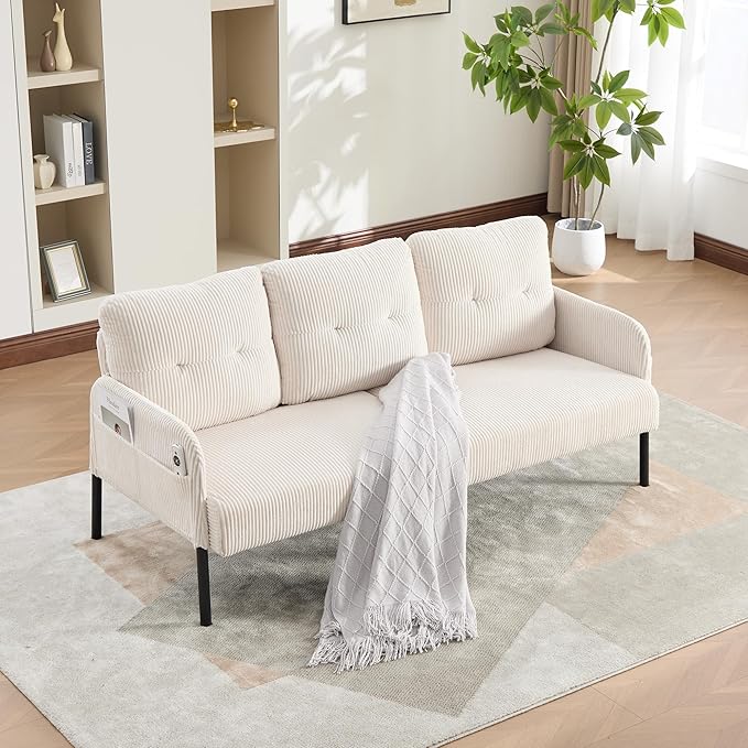 67 3 Seater Modern Couch Sofa Corduroy Fabric Upholstered Sofa for Small Space Living Room Bedroom Apartment Beige