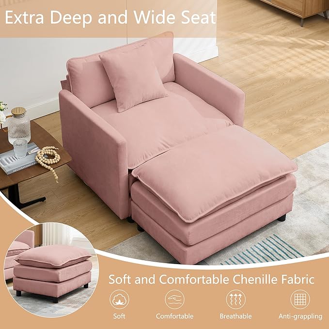 Oversized Chair with Ottoman Chenille Upholstered Deep Seat Couch Armchair 40.16'' Comfy Chaise Lounge Indoor with Thick Cushion for Living Room (Pink 40.16'' Single Seat Sofa &amp 1 Ottoman)