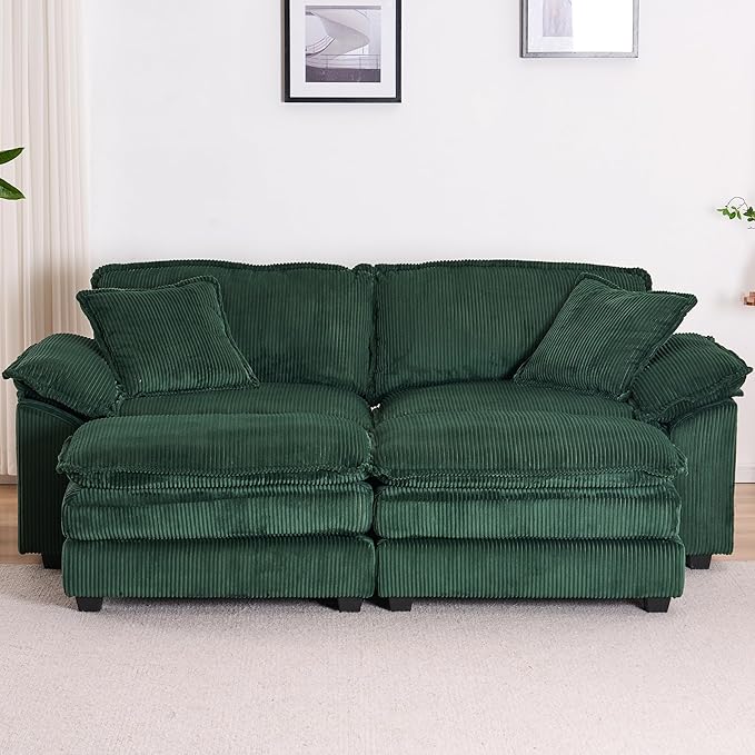 80.5'' Modular Sectional Sofa Cloud Couch Comfy Corduroy Double-Upholstered Sleeper Sofa Loveseat Sofa with Moveable Ottoman 2 Pillows and Detachable Armrest for Living Room Green