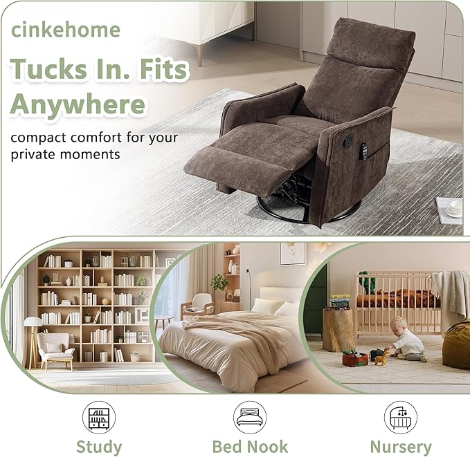 cinkehome Swivel Rocker Recliner Glider Rocker Recliner Chair for Nursery Manual Reclining Chair with Heated Massage Small Spaces Living Room Linen Brown